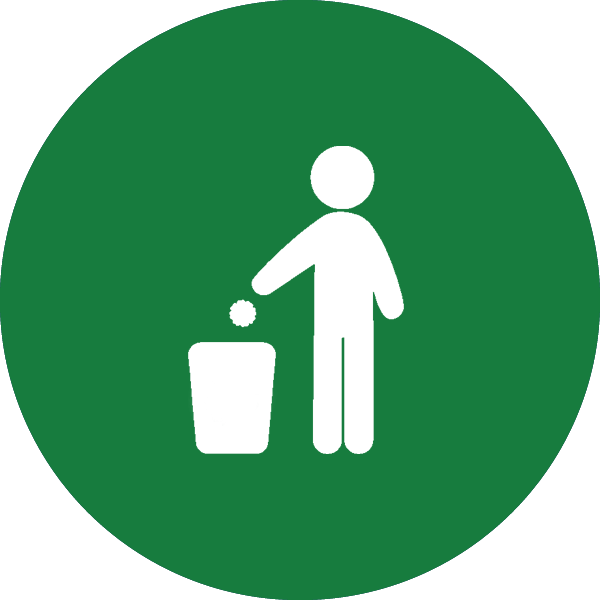 green icon with a person throwing an item of trash into a trashcan