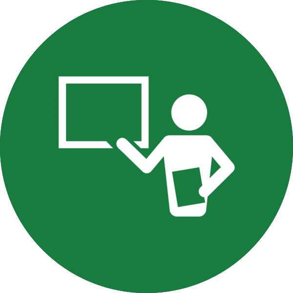 a green icon with an image of a person reading and pointing to a board