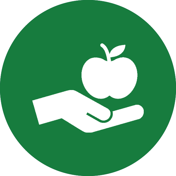 green icon with graphic of a hand holding an apple