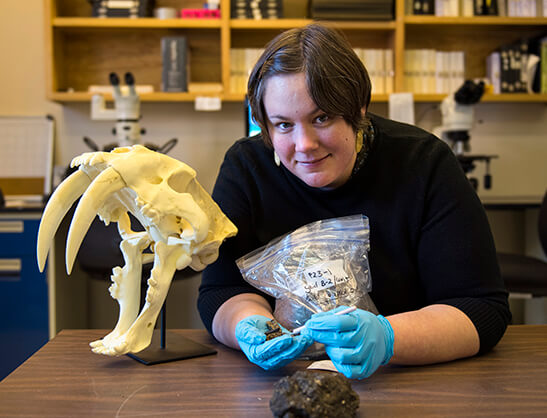 Jacquelyn Gill leaning over table with fossils