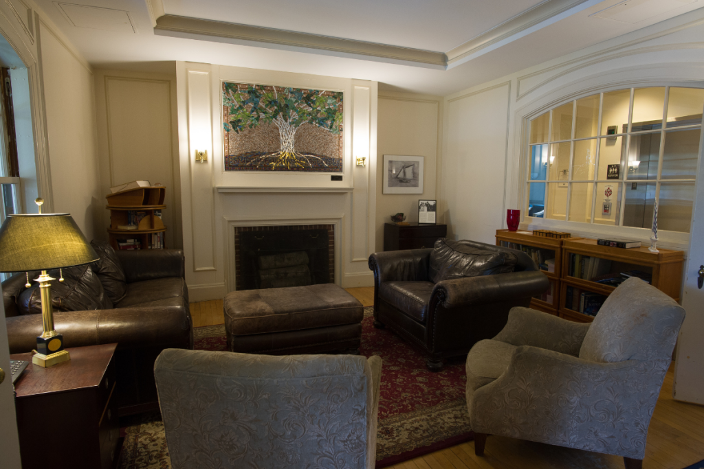 Colvin hall main lounge facing fireplace