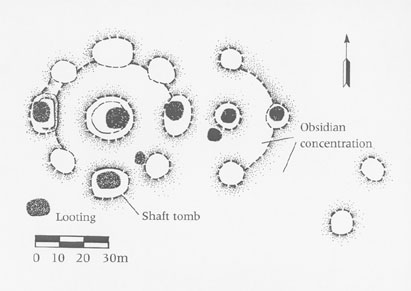 Plan of San Andreas, Jalisco, showing locations of mounds, a monumental shaft tomb, and looters’ pits.