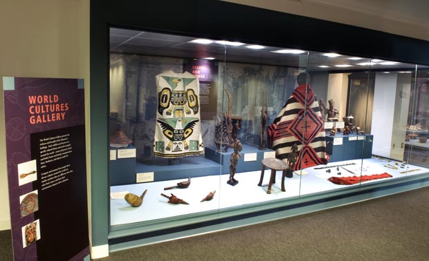 Image of a museum case featuring colorful objects. A sign in the image reads "World Cultures Gallery".