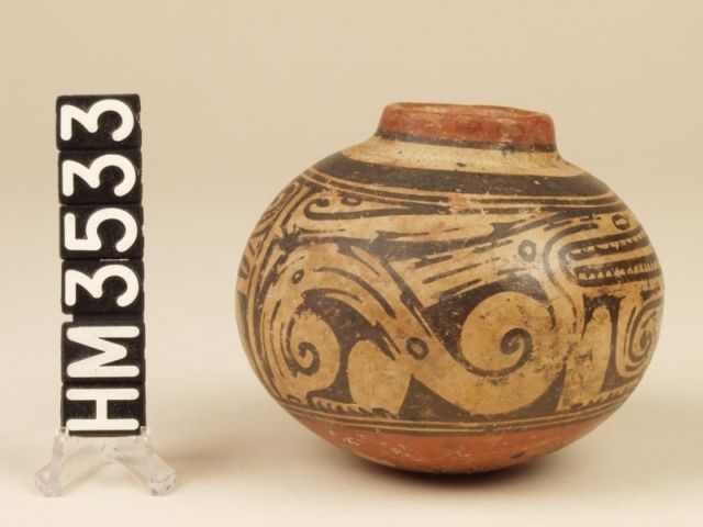 Polychrome globular ceramic jar. Decorated with profiled heads of double-crested iguanas embellished with boa eye stripes.