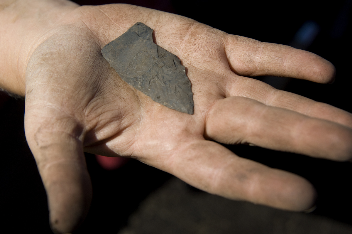 Image of a chipped projectile point held in a dirty hand.