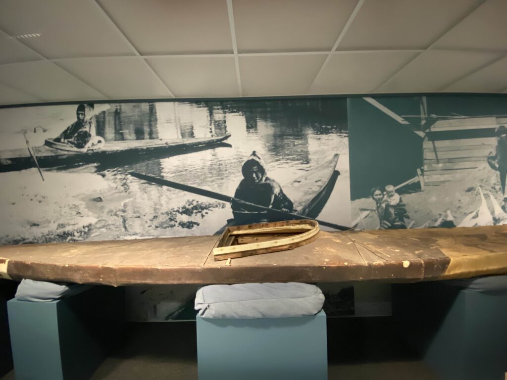 Image of a skin-covered kayak in a museum case.
