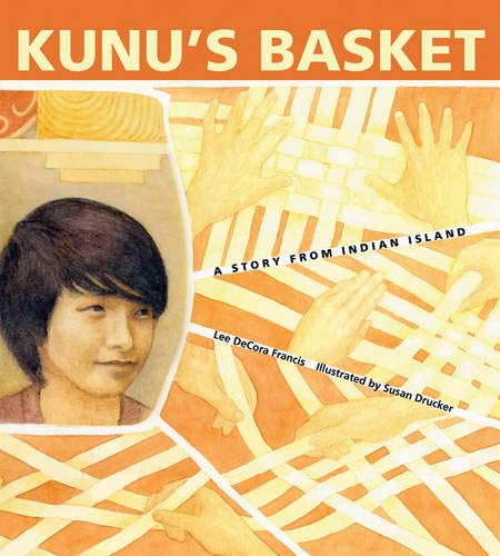 Image of the cover of a book. A drawing of a small boy, hands weaving a basket, and the title "Kunu's Basket"