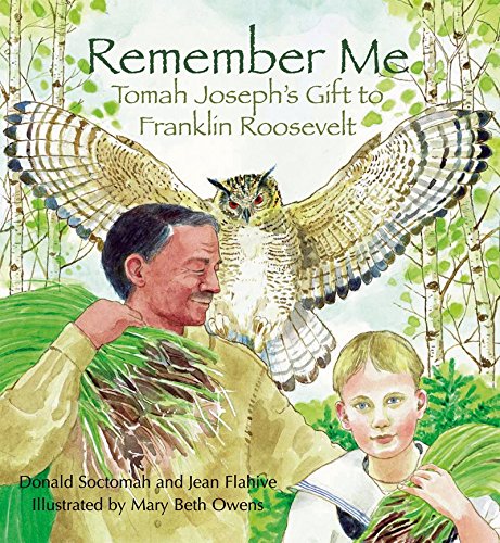 Image of a book cover with an owl, a man with dark hair and a small blond boy, both carrying bundles of grass.