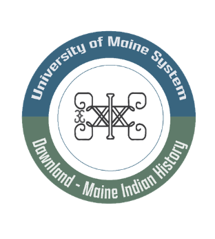 Image of a double-curve design with text above "University of Maine System" and below "Dawnland - Maine Indian History"