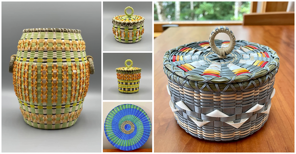 Composite image of baskets, intricately made and colorful.