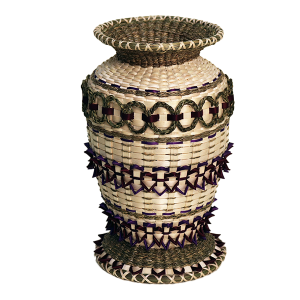 Image of a basket vase with purple curlwork.