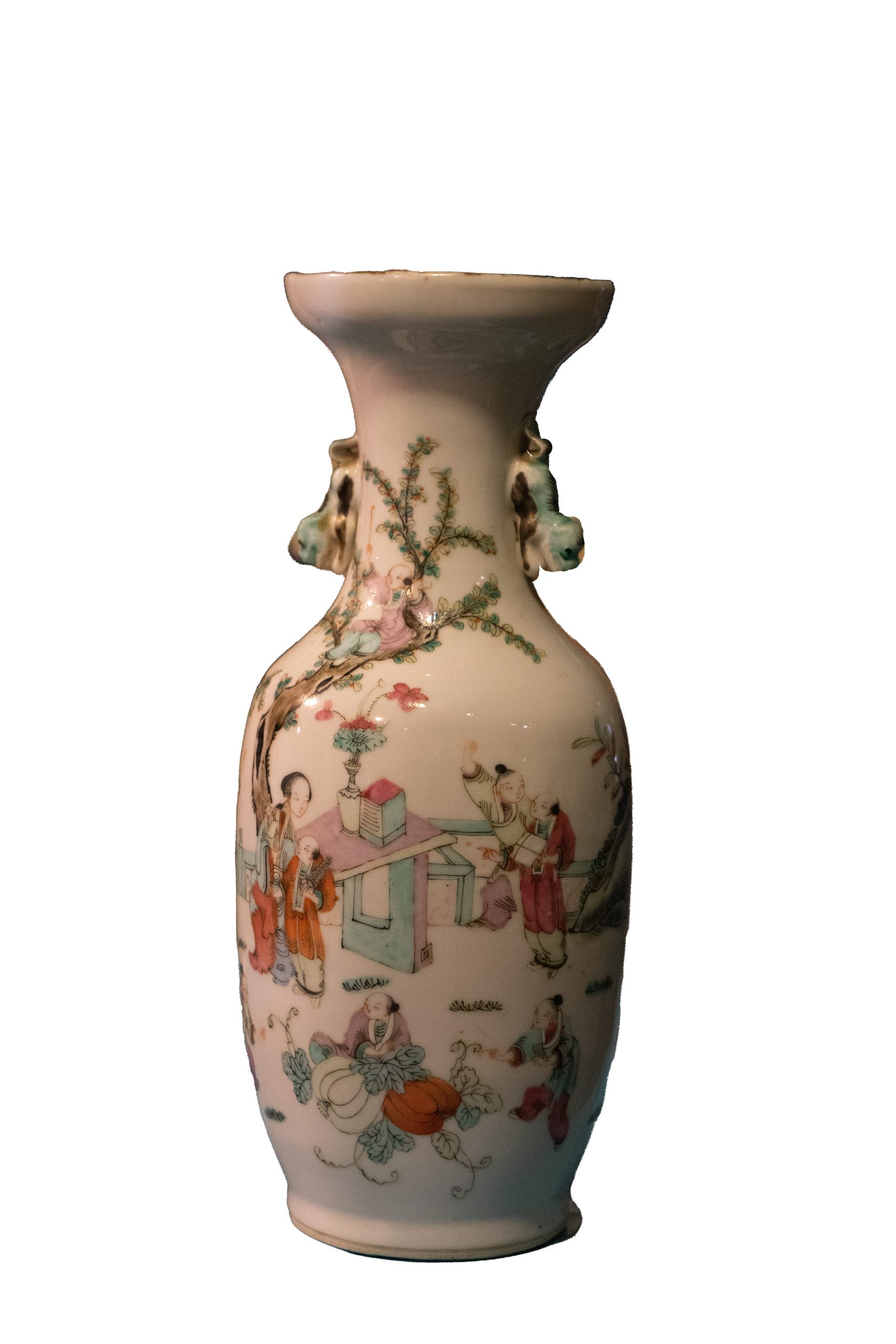 Image of vase with Chinese themed decor and small applied dogs at neck.