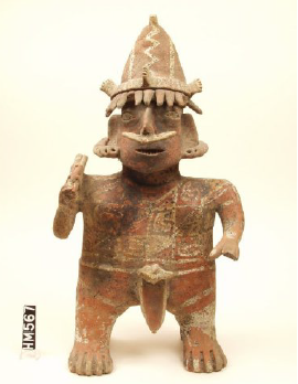 Image of ceramic figure with large septum ring and headdress.