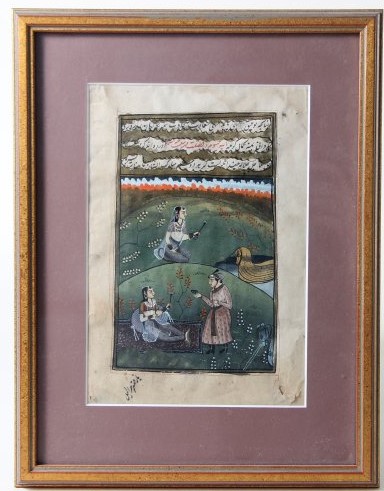 Image of framed artwork with small Asian figures on an landscape.