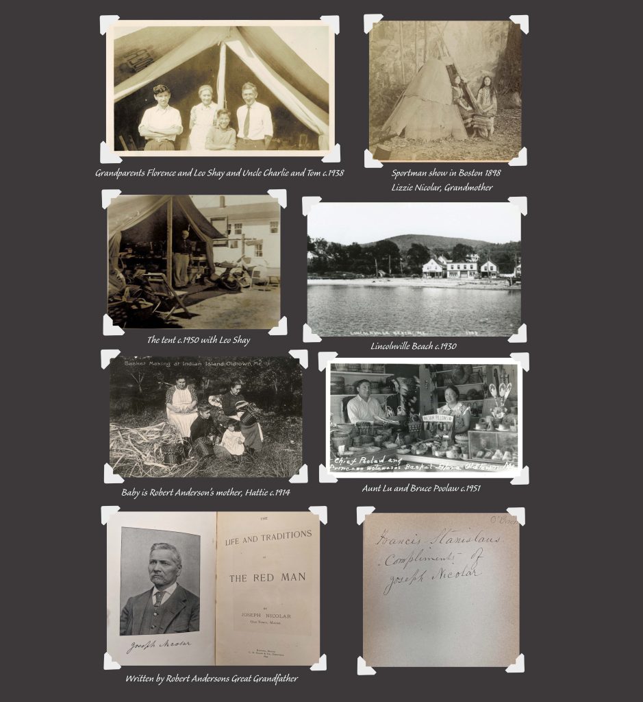 An image made to look like a page of a scrapbook.  It features historic pictures of Robert Anderson's family and photos of his great grandfather's book "Life and Traditions of the Red Man."