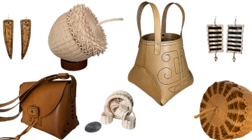 Images of handmade items including earrings, leather bags, and woven baskets.