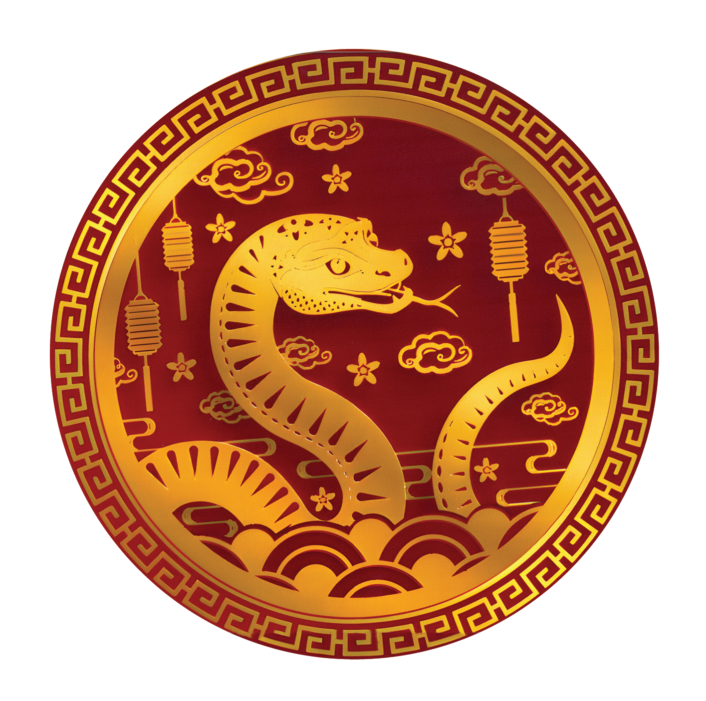 Stylized image of a snake in gold on a red background.