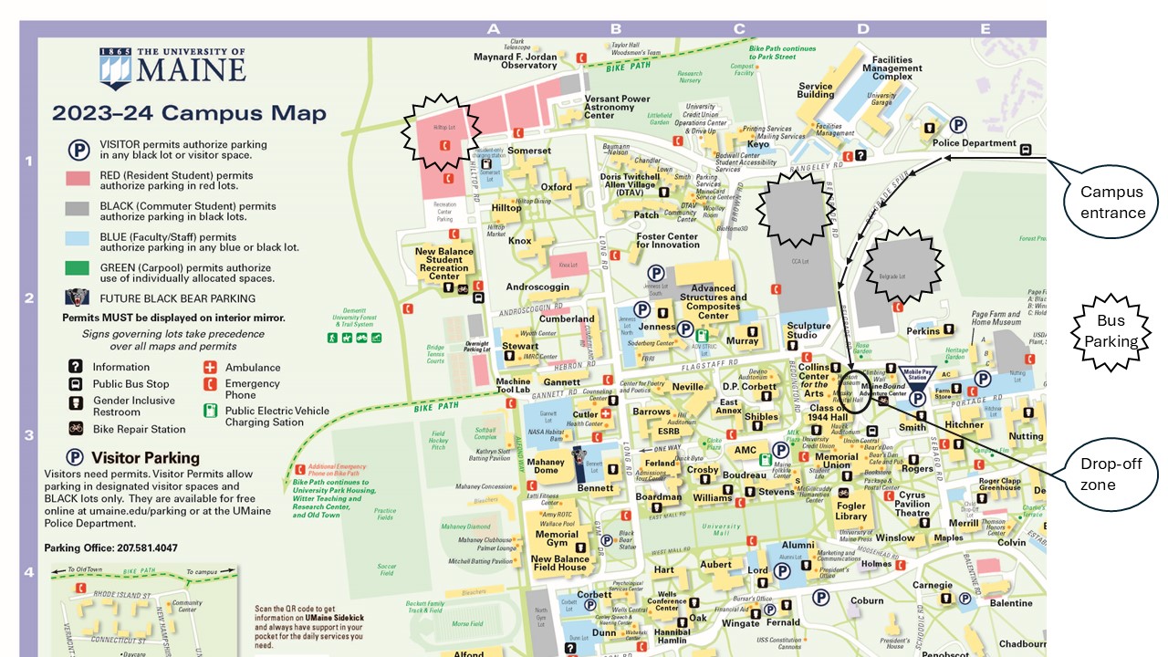 A map of a portion of the University of Maine campus with directions for busses.