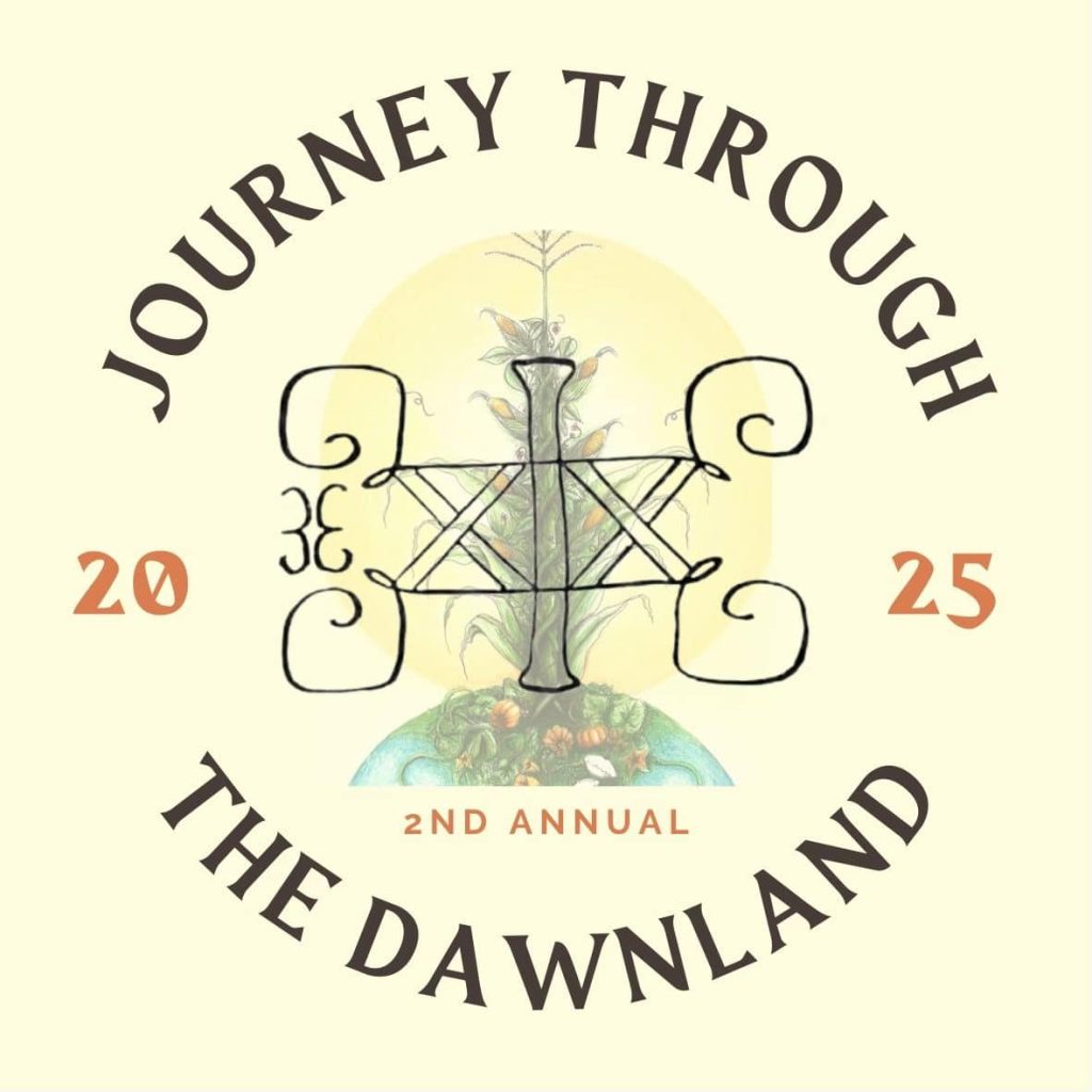 A decorative motif with a double-curve is surrounded by text: Journey Through the Dawnland 2025 Second Annual.
