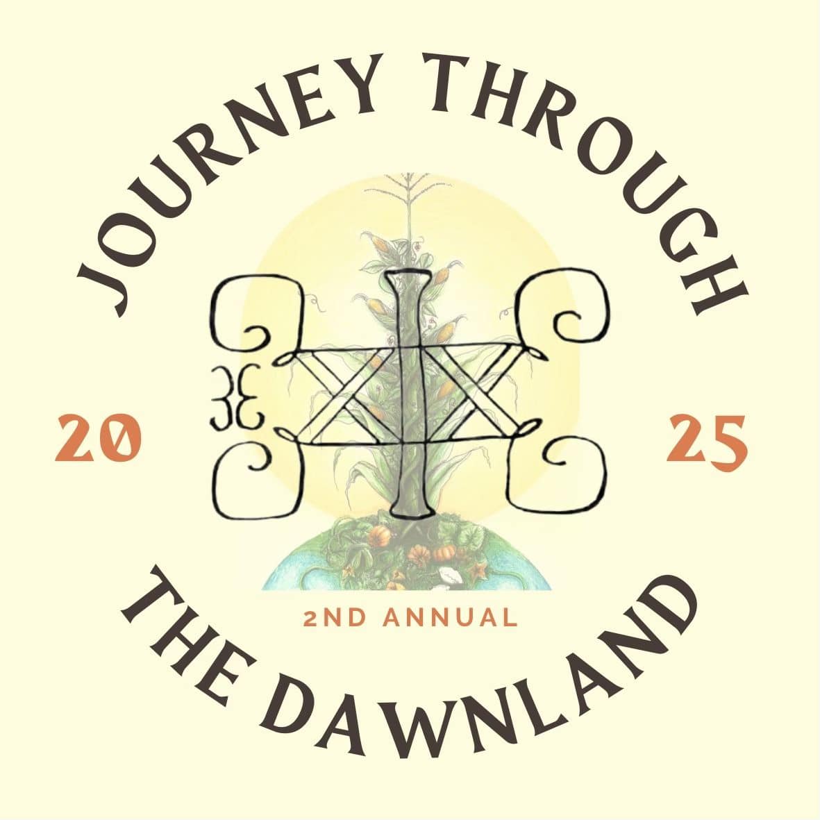 A decorative motif with a double-curve is surrounded by text: Journey Through the Dawnland 2025 Second Annual.