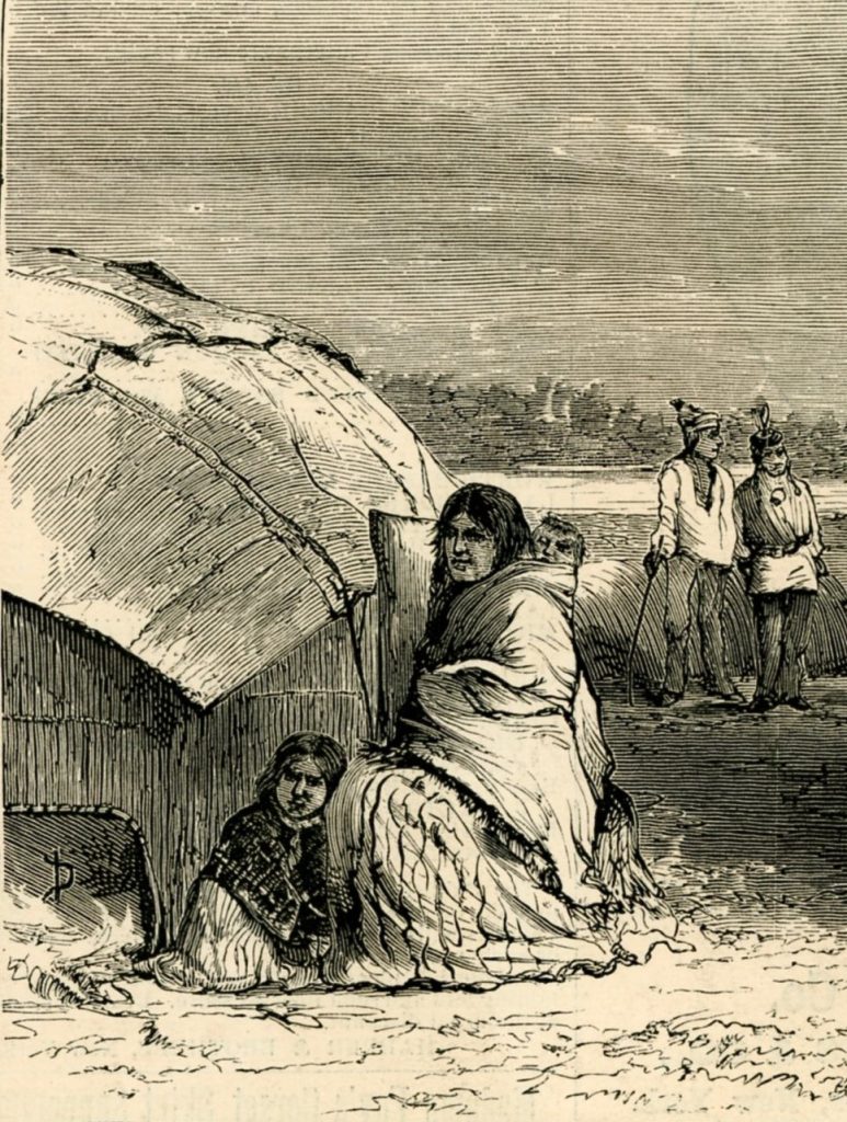 Illustration of a woman and child next to a wigwam.