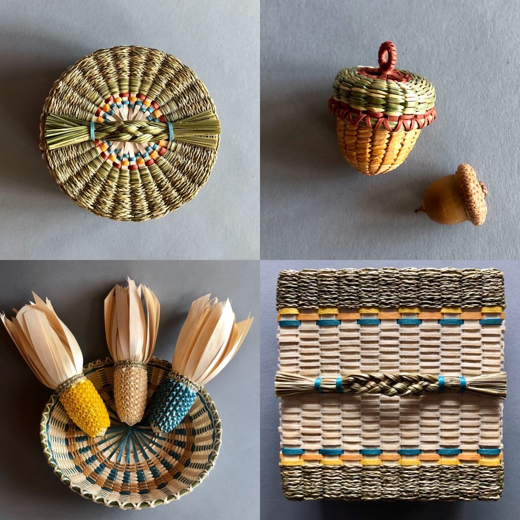 Composite image of baskets, intricately made and colorful.
