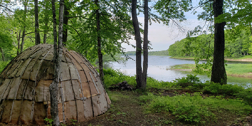 Image of birchbark wigwam in forest with river in background