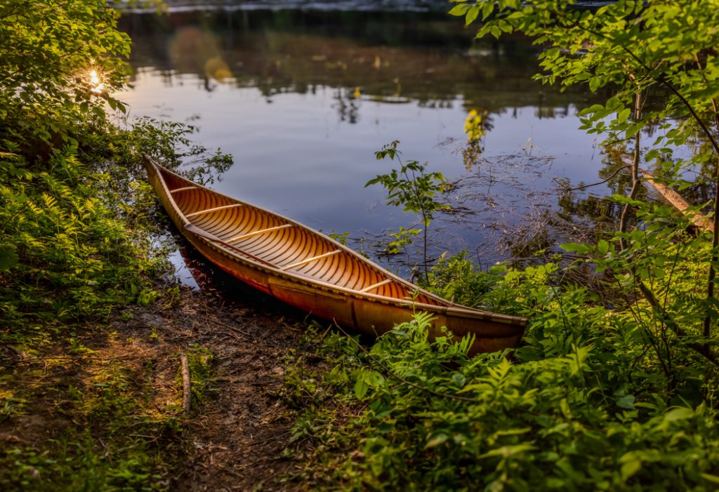 Sample of artist's photography: a canoe floating at a riverbank surrounded by greenery.