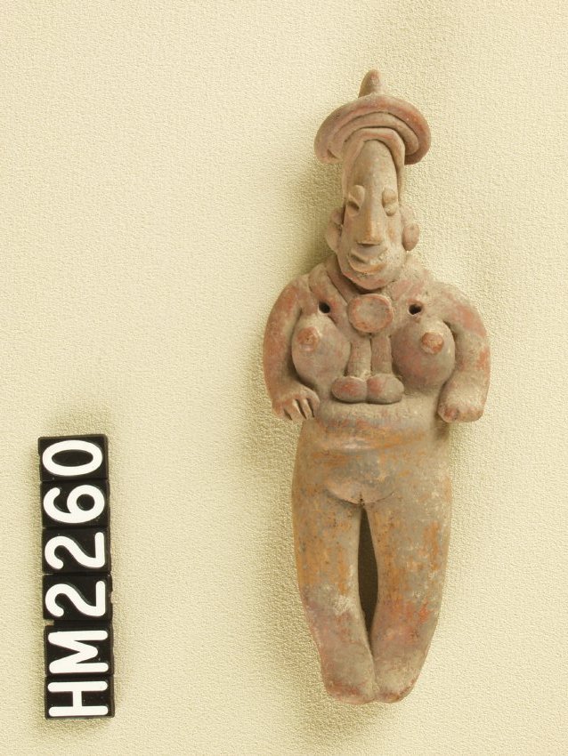 Tiny ceramic figurine of a female with headdress, lariat necklace, and a band around waist. No clothing.