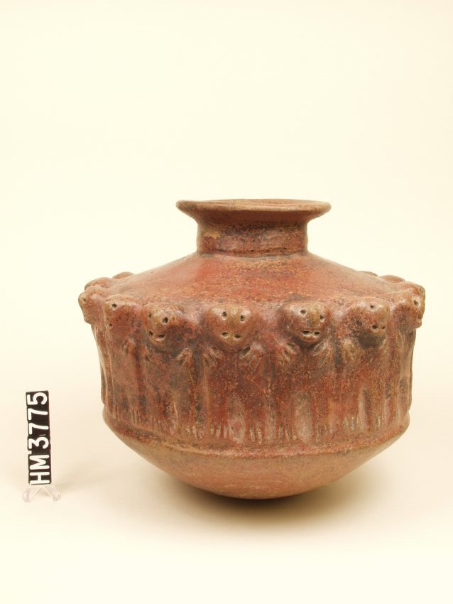 Ceramic vessel with globular body, shoulder angled nearly perpendicular to sides, and short neck with flared rim. Sides are decorated with standing figures.