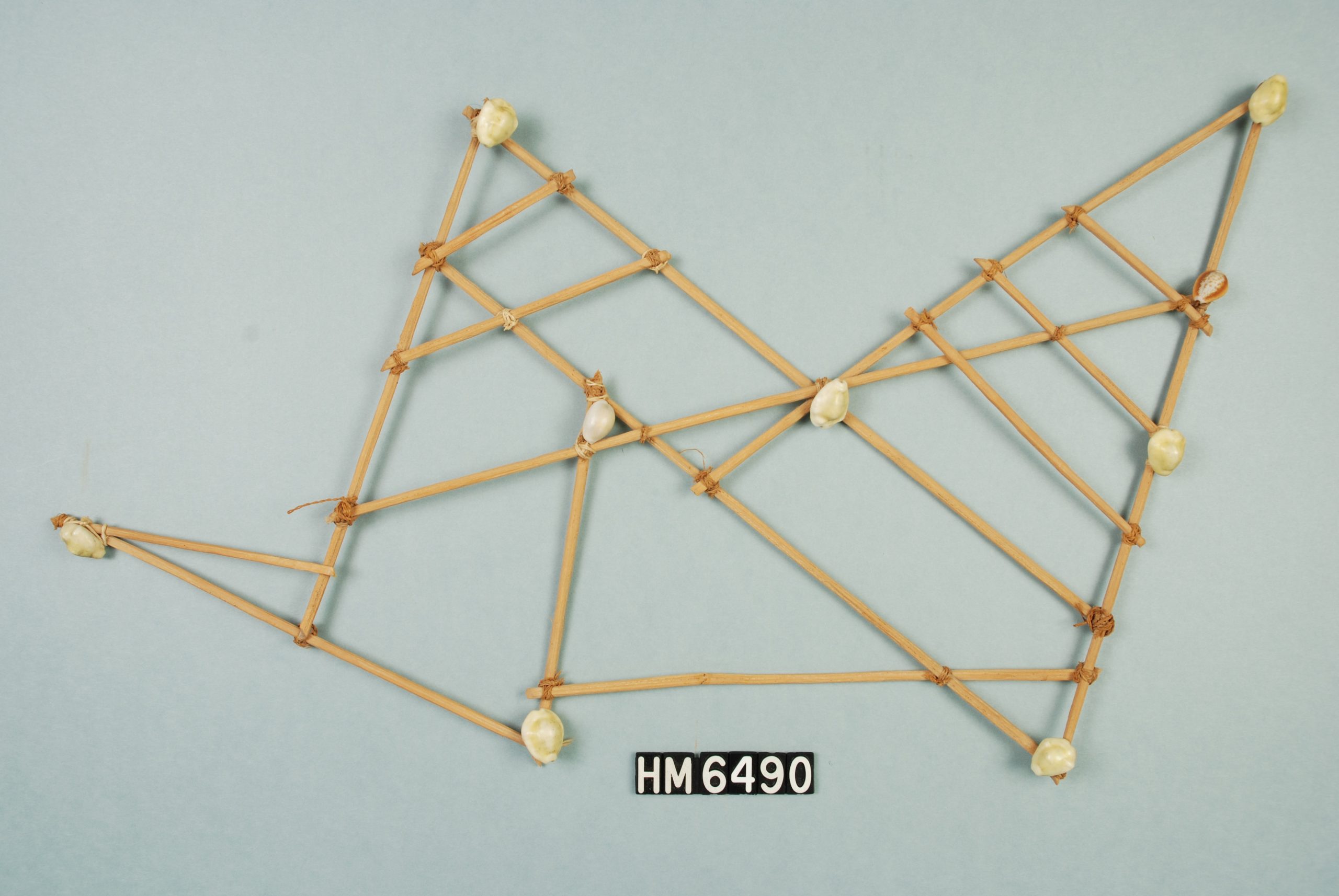 Image of a object consisting of sticks lashed together forming angular patterns. Shells are attached at some of the joins.