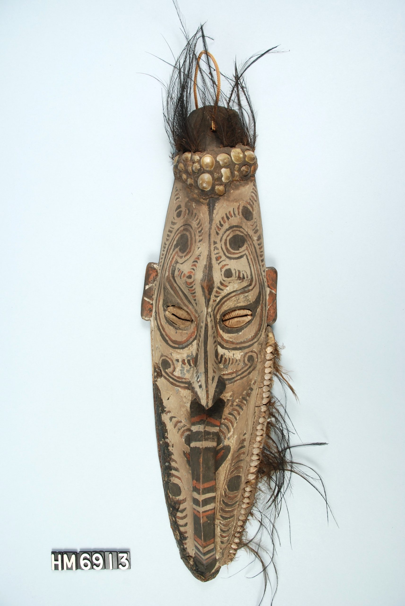 Image of large carved and painted wooden mask - very elongated with exaggerated features and a tuft of feather "hair" at top.