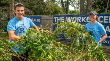 Student volunteers remove plants