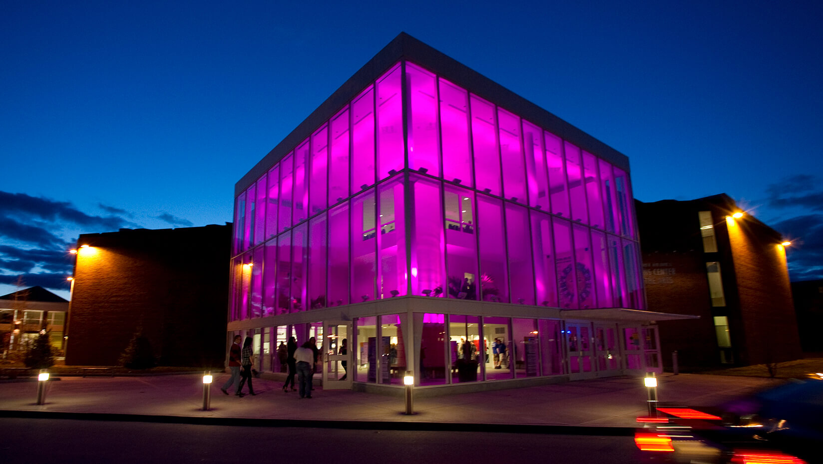 Exterior of the Collins Center for the Arts at night