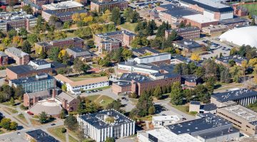 Aerial view of engineering buildings on UMaine's campus in Orono