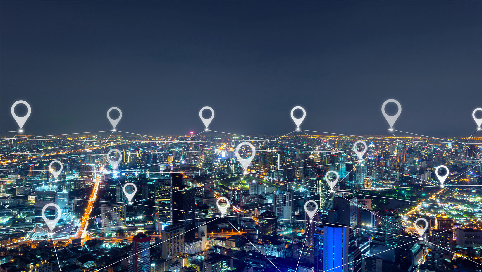 City skyline with map pins