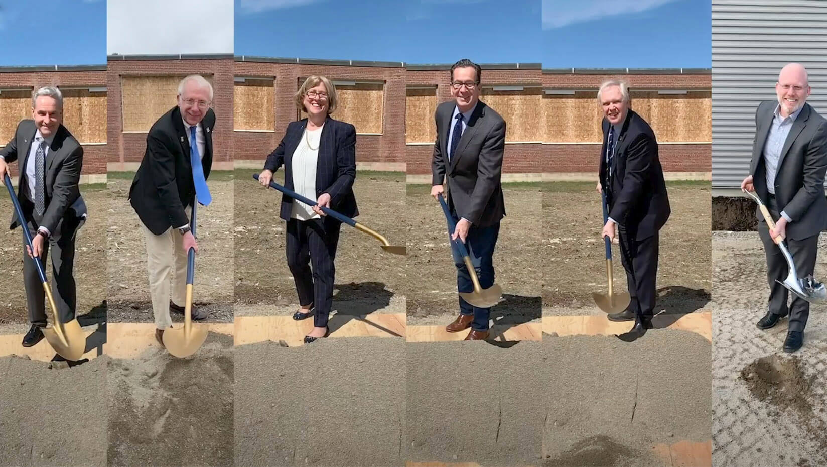 People with shovels at a virtual groundbreaking ceremony