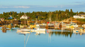 Image of lobster boats at a working waterfront in Maine