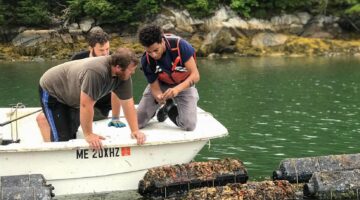 Students in a boat conducting oyster research