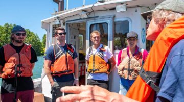 Students and a professor on a boat