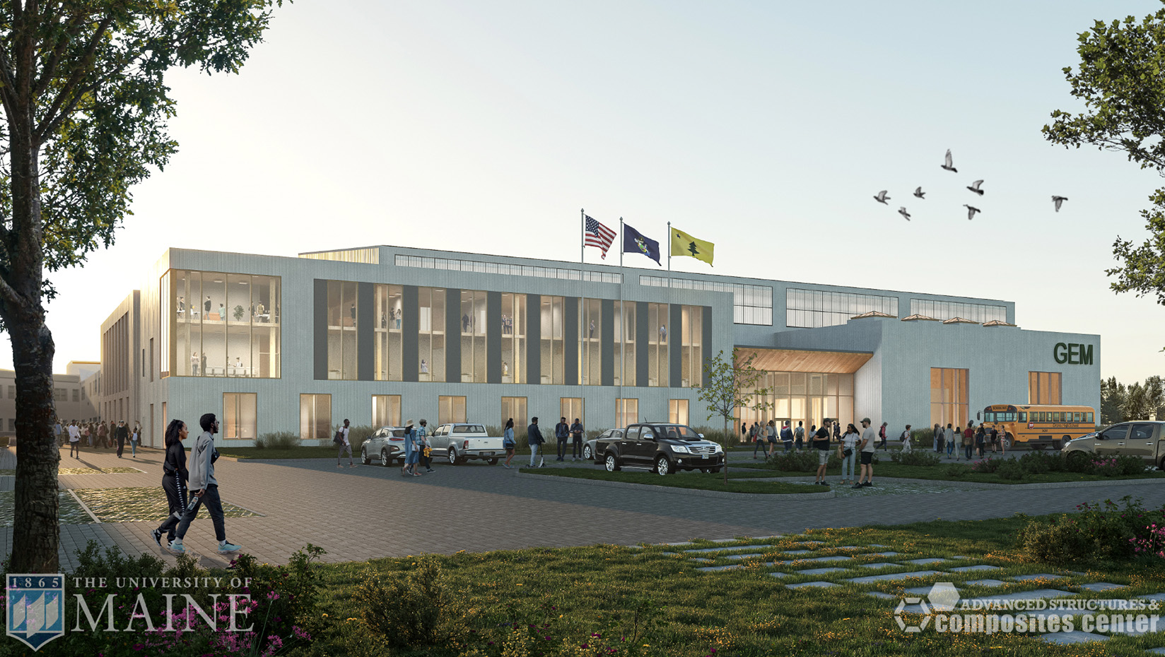 A Rendering of the Green Engineering and Materials Factory of the Future to be built and connected to the University of Maine's Advanced Structure and Composites Center