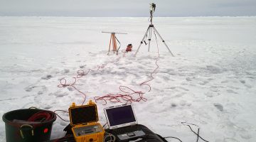 A photo of research instruments in the snow