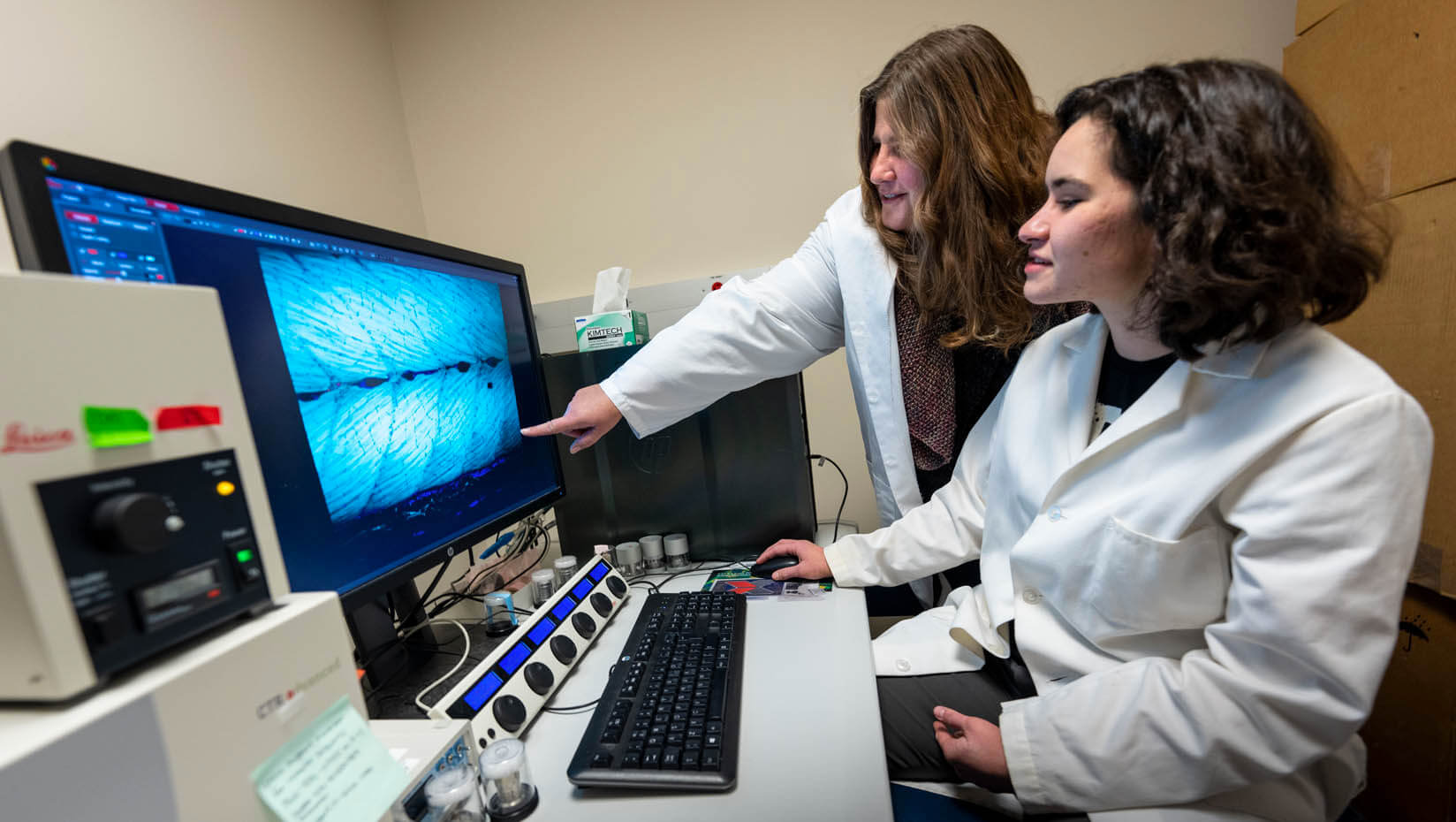 A photo of two people looking at a computer monitor