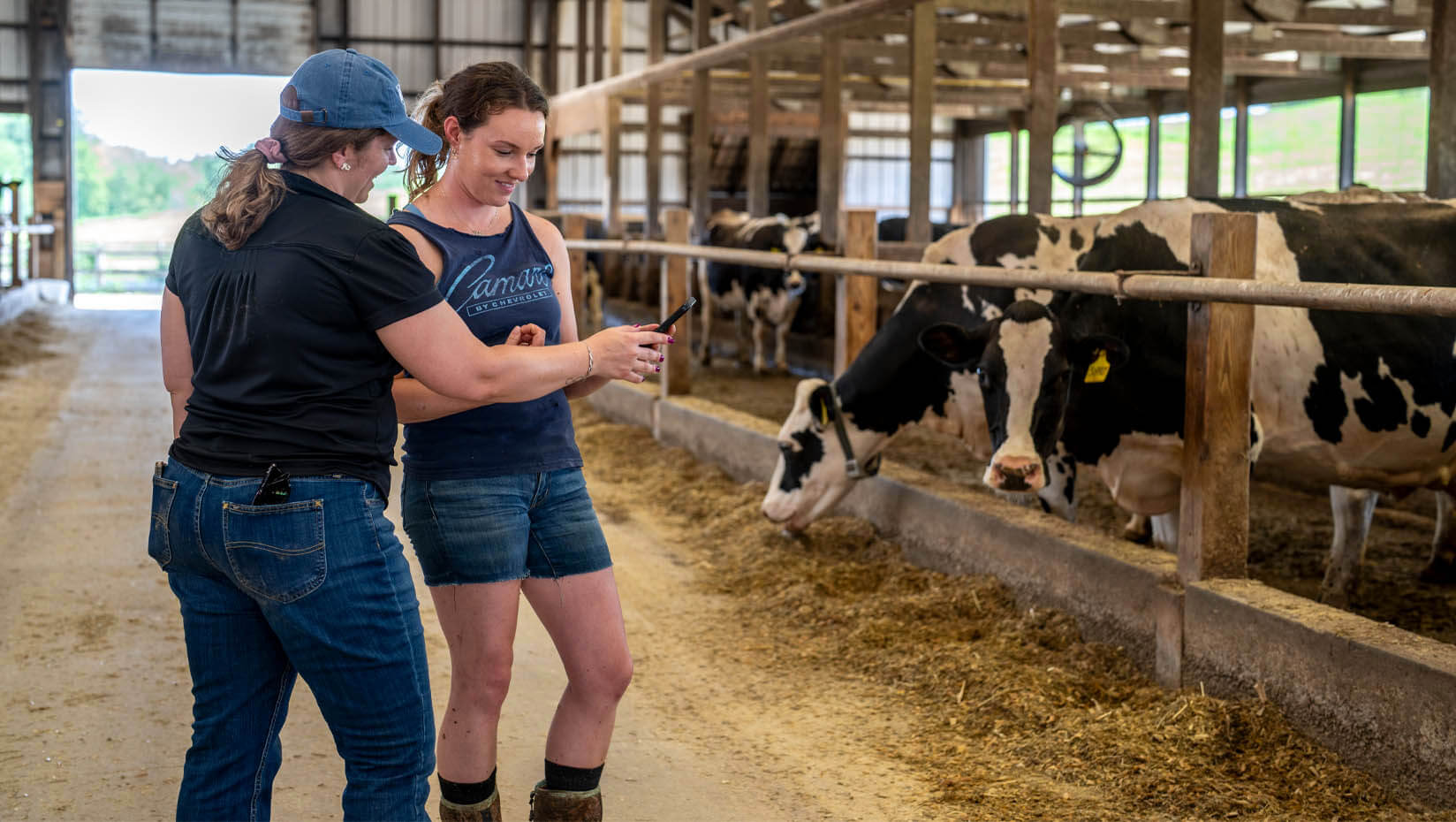 A photo of two people standing in a cow barn