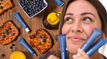 A photo illustration of a woman holding tubes of a lip product