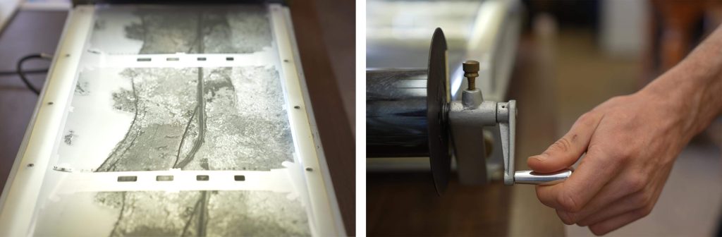 A photo collage showing images and a hand turning a crank