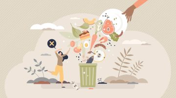 An illustration of a hand in the sky holding a plate dumping food in a garbage can while a tiny person on one leg reaches out towards it. A field with four ferns is in the background.