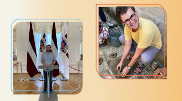 A collage style illustration of two students