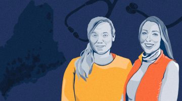 An illustration of two women on a dark blue background