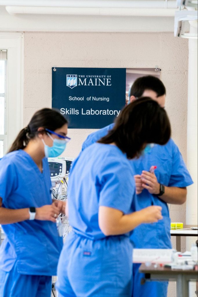 A photo of a group of nursing students working in the Skills Labratory